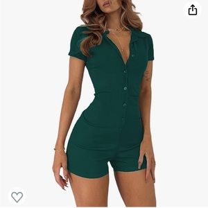 LilyCoco Women’s Short Sleeve Ribbed Knit Button Front Collar Romper Playsuit